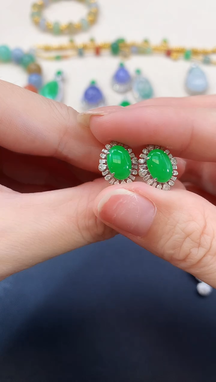 翡翠18K金镶嵌耳饰蛋面|8600+0