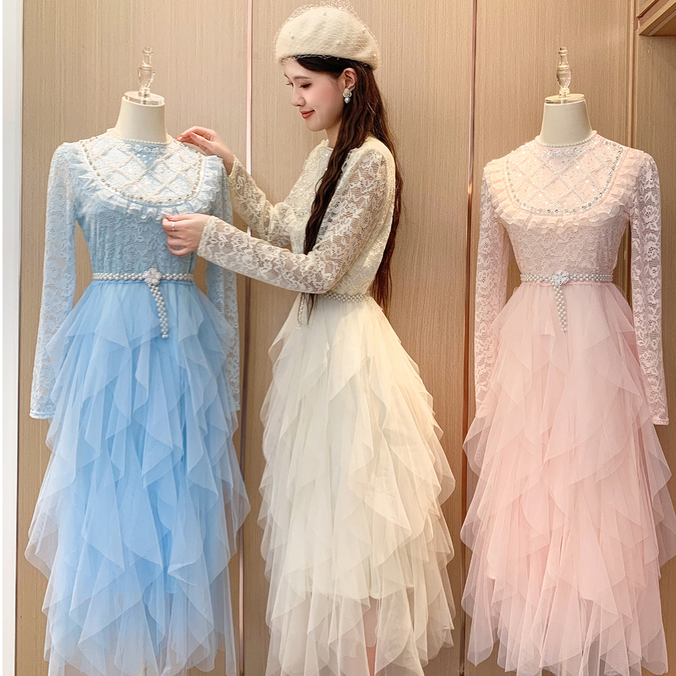 艾日秀2025早秋款法式高级蕾丝拼接网纱闺蜜重工钉珠连衣裙G0569