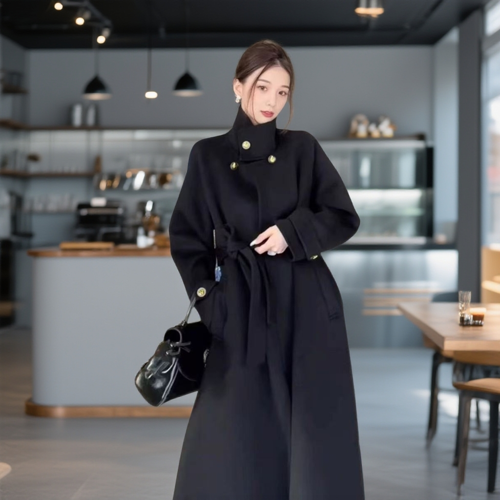 黑色羽绒加厚内胆毛呢外套女中长款2025秋冬季新款赫本风保暖大衣