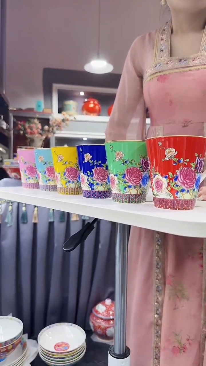 瓷片牡丹花卉杯子6只装景德镇陶瓷