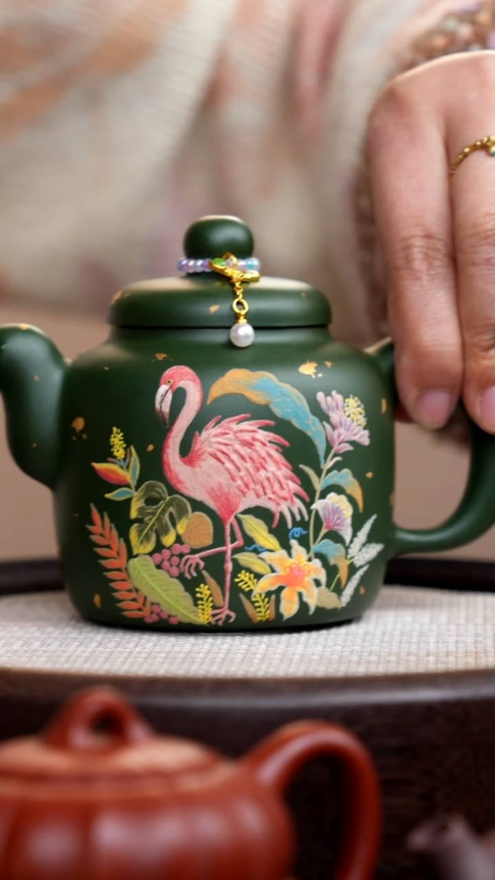 茶壶紫砂民国绿道洪静其泥绘火烈鸟