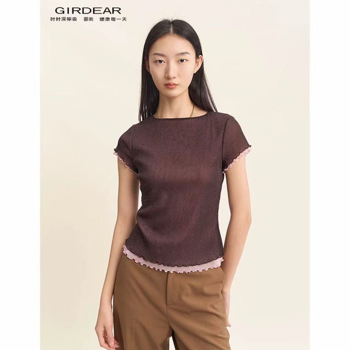 GIRDEAR/哥弟26纯色拼接纱网修身型短袖拼色T恤夏季女130162