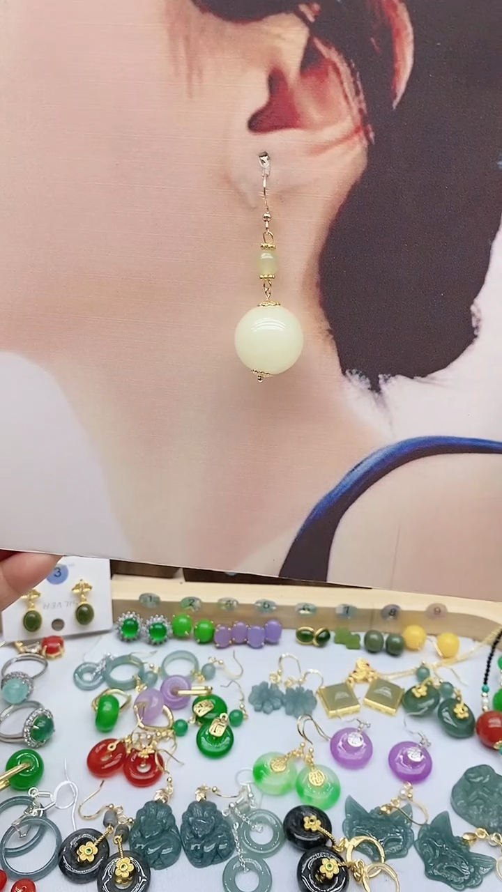 银S925镶嵌和田玉耳饰171