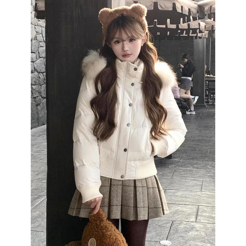 超好看的甜美风连帽大毛领拼接棉服女加厚保暖韩系短款面包服外套