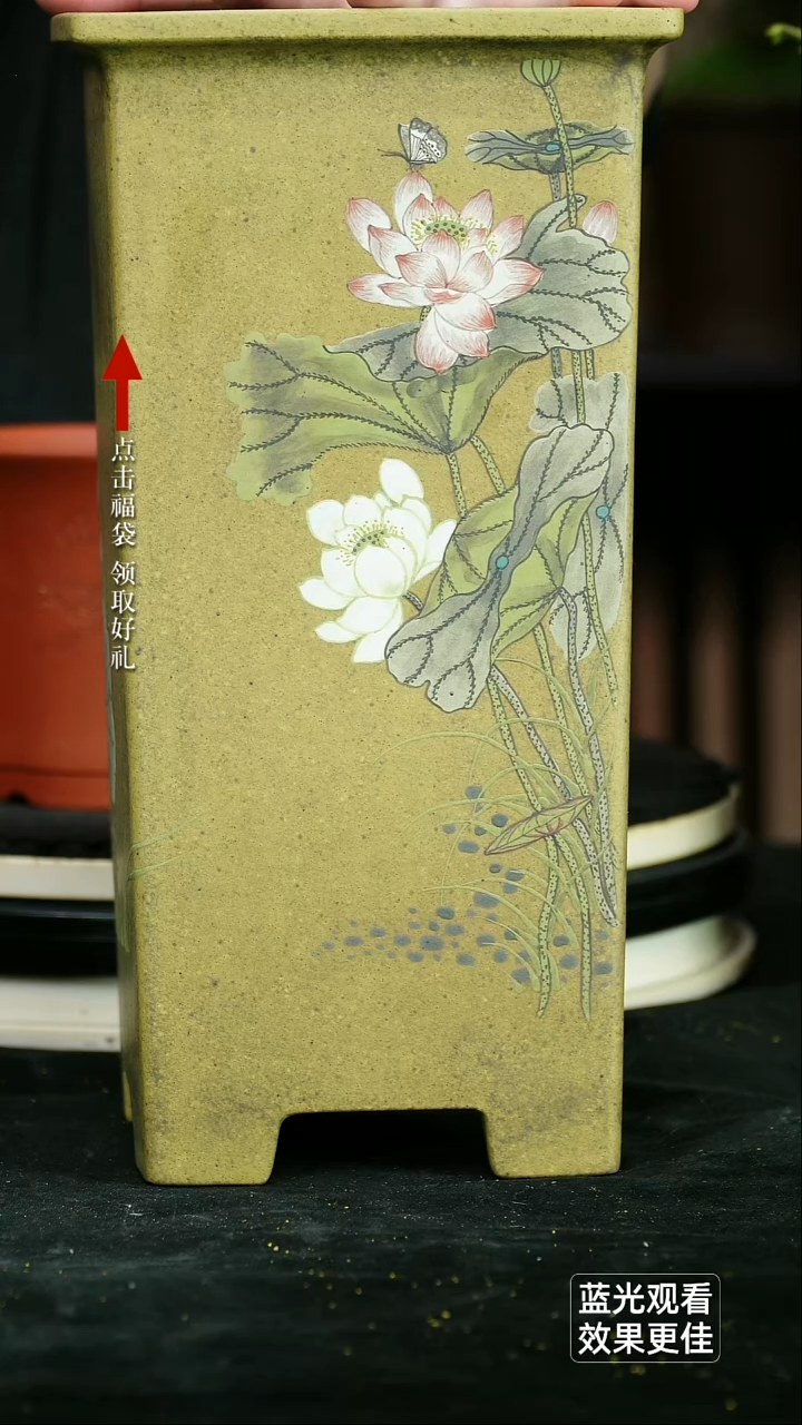 紫砂花盆红*龙骨青砂手绘荷花四方签筒一个