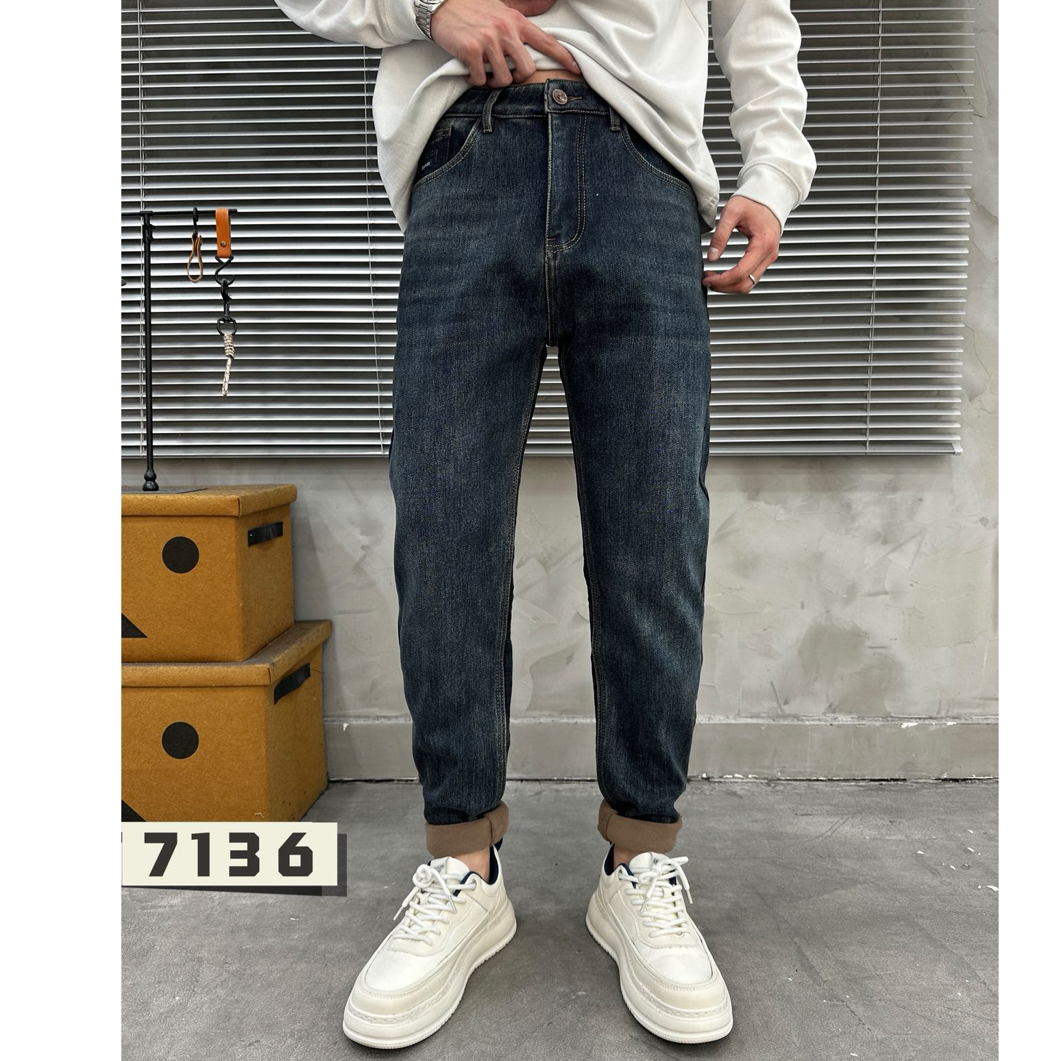 【小璐优选】冬季新款男士奥利绒厚绒深复古蓝色小直筒牛仔裤