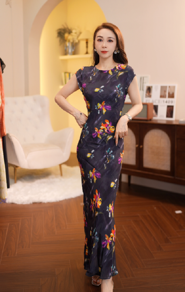G334桑蚕丝 新款新中式国风印花高级显瘦连衣裙PL 