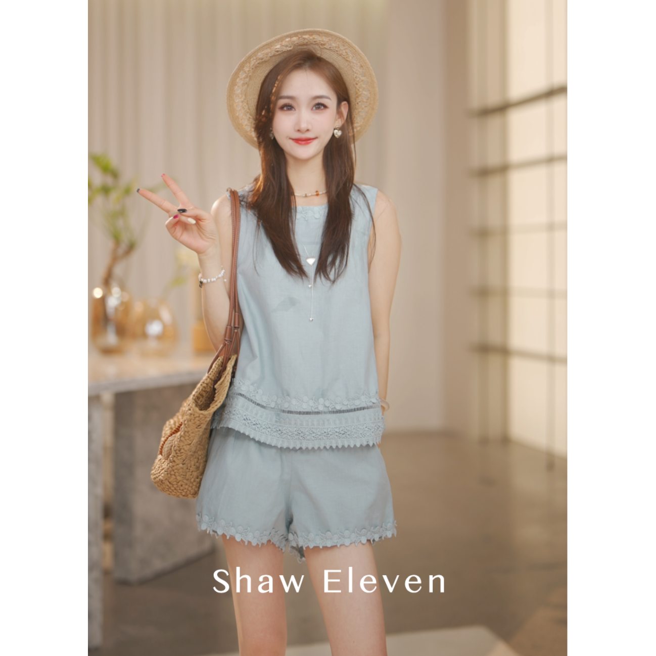 【ShawEleven】2025夏新款法式蕾丝花边亚麻无袖上衣短裤套装2678