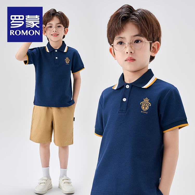 Romon/罗蒙儿童POLO衫男童短袖t恤中大童翻领上衣班服男孩校园风