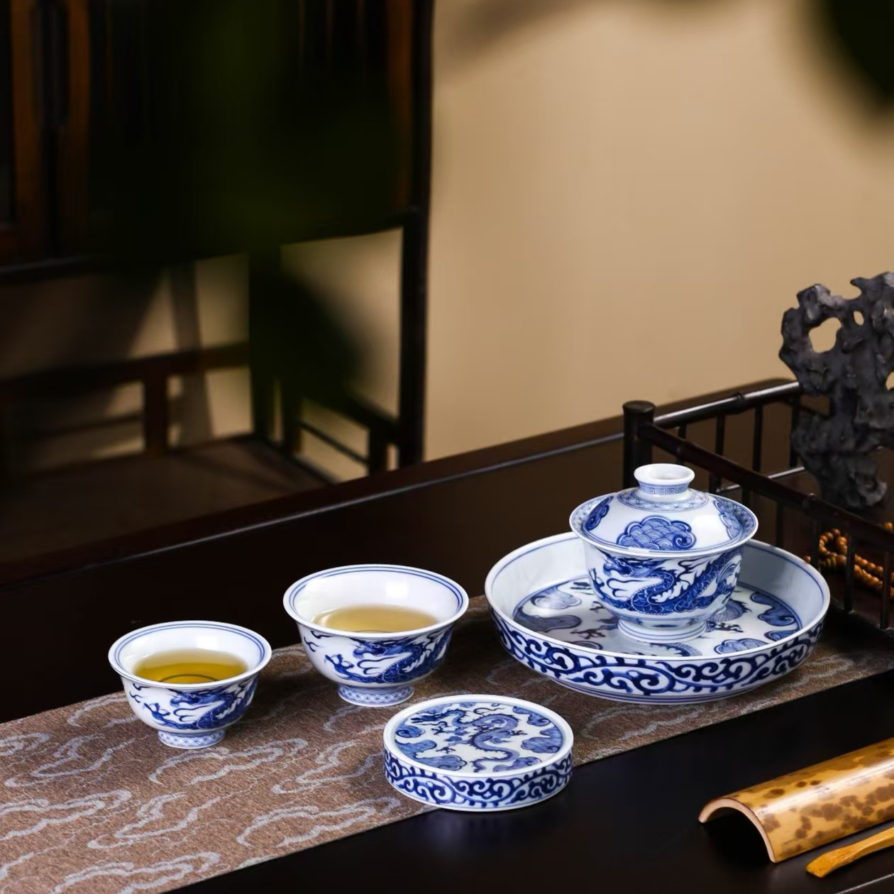 景德镇七丞堂元青花穿云龙高档5件套功夫茶具套组家用陶瓷