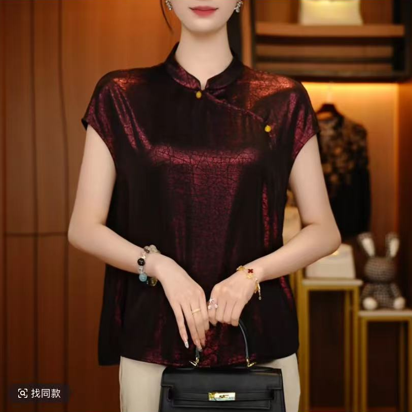 新中式轻薄印花缎面上衣夏季新品遮肚子显瘦时尚百搭减龄气质衬衫