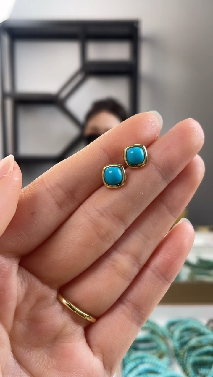 【闪购商品】绿松石珠宝奇石银S925镶嵌美松方圆耳钉多样性发一