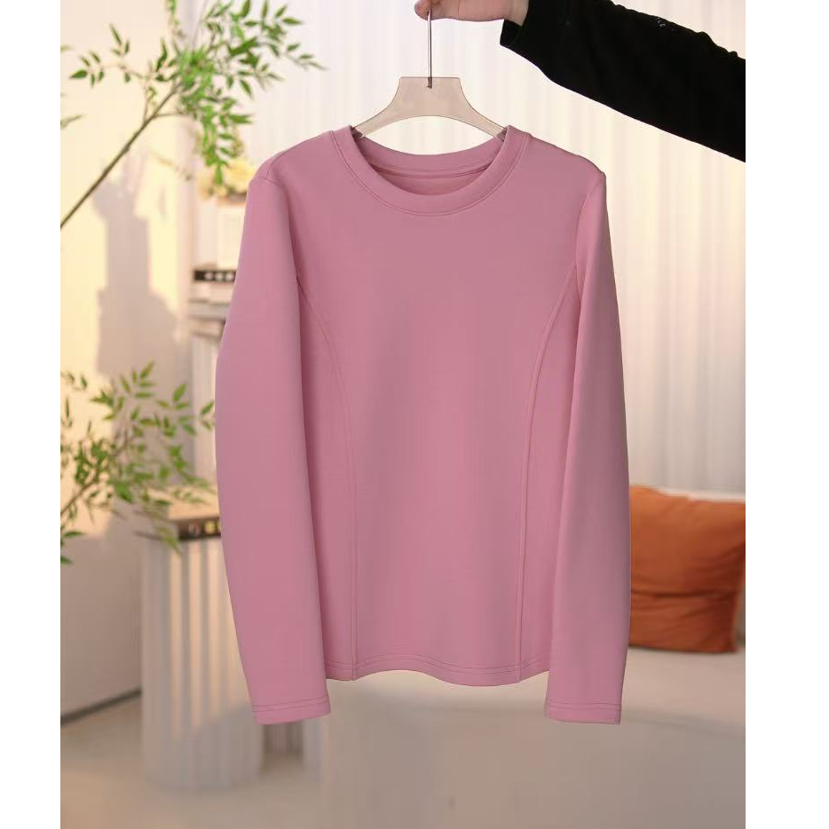 冬季圆领加绒加厚正肩显瘦时尚休闲万能经典百搭纯色长袖打底女士