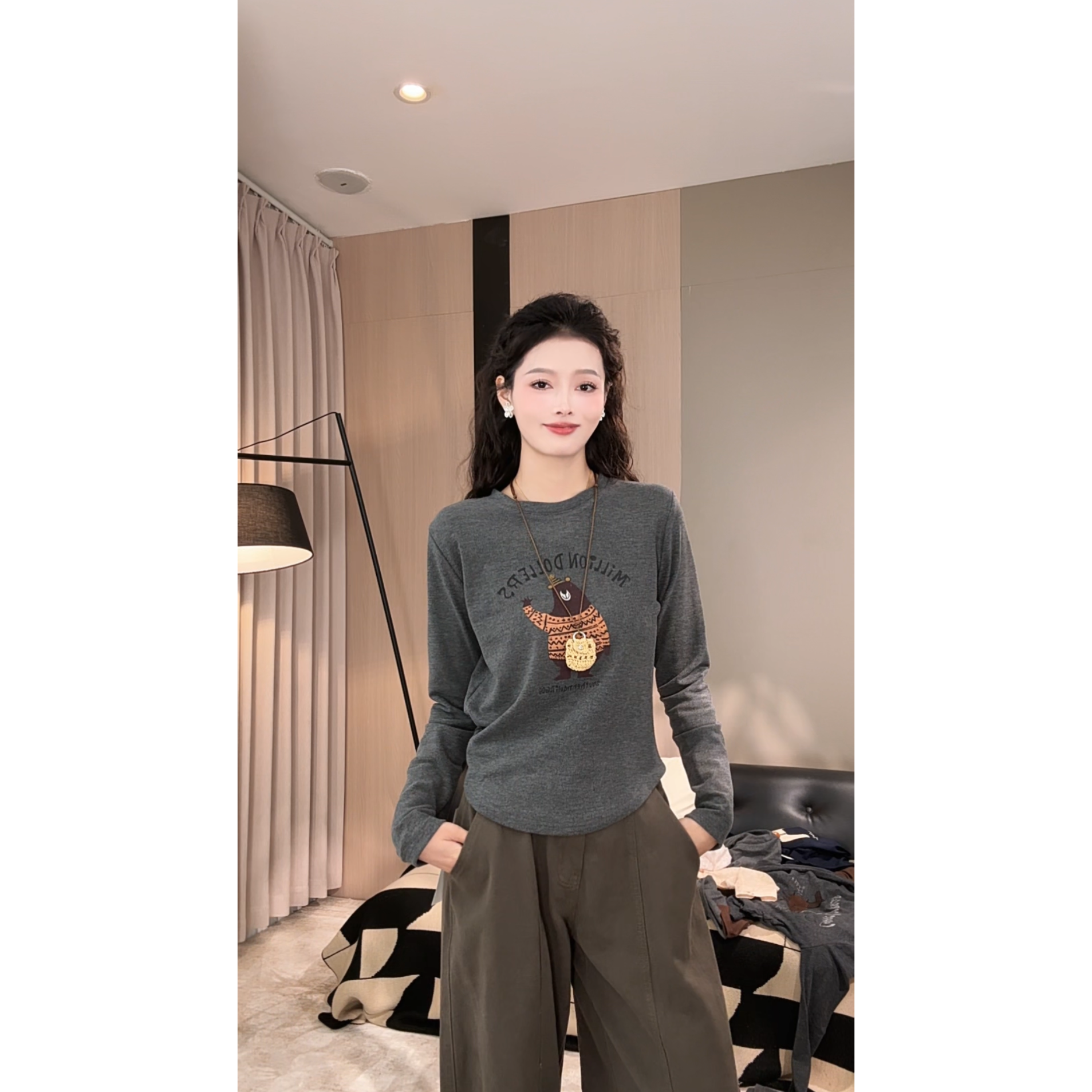 【陈发发】灰色圆领宽松软糯小熊毛衣打底衫慵懒风高级感秋冬女3115