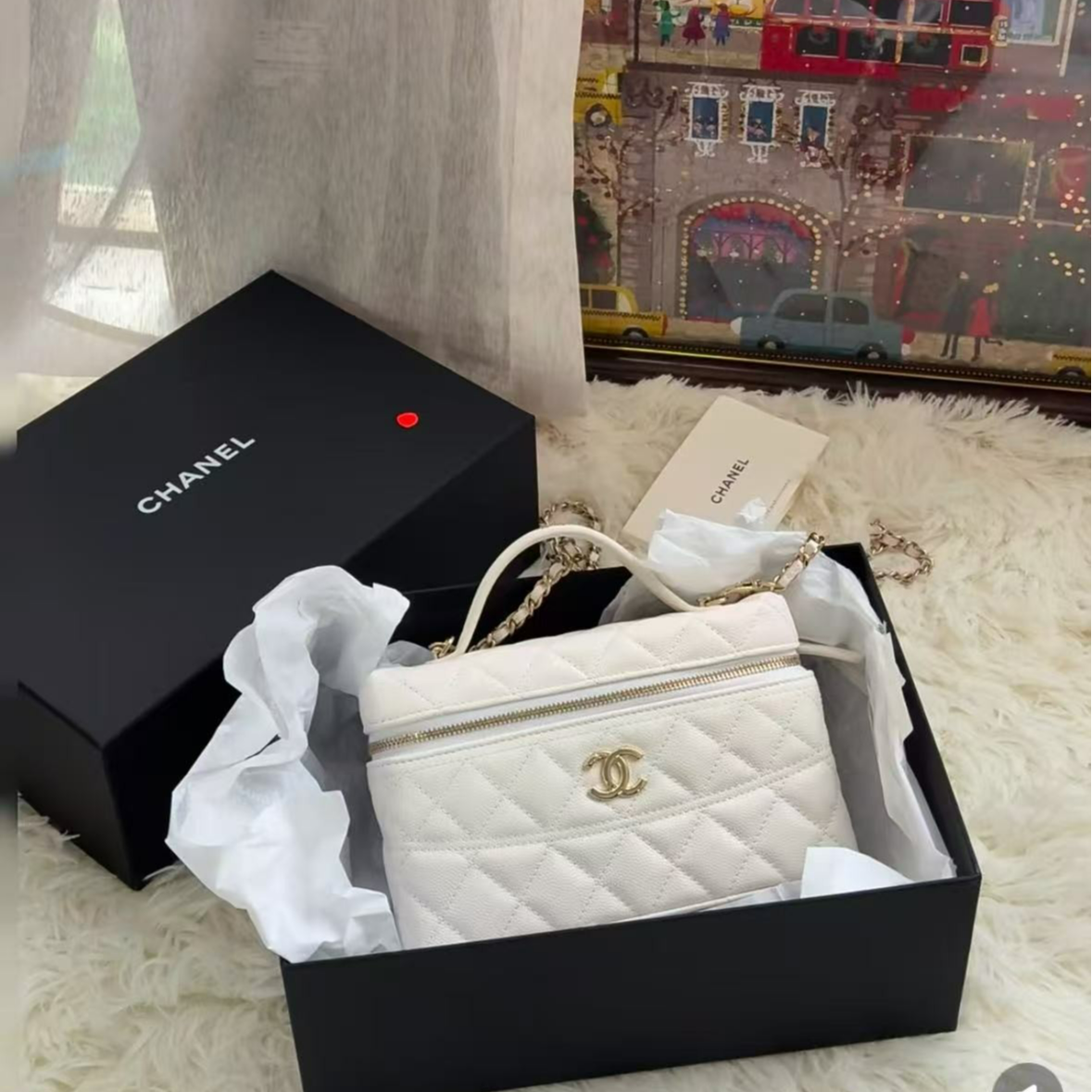 未使用 Chanel/香奈儿 青奢荟/ 白色26C腰线lp盒子斜跨包/87415