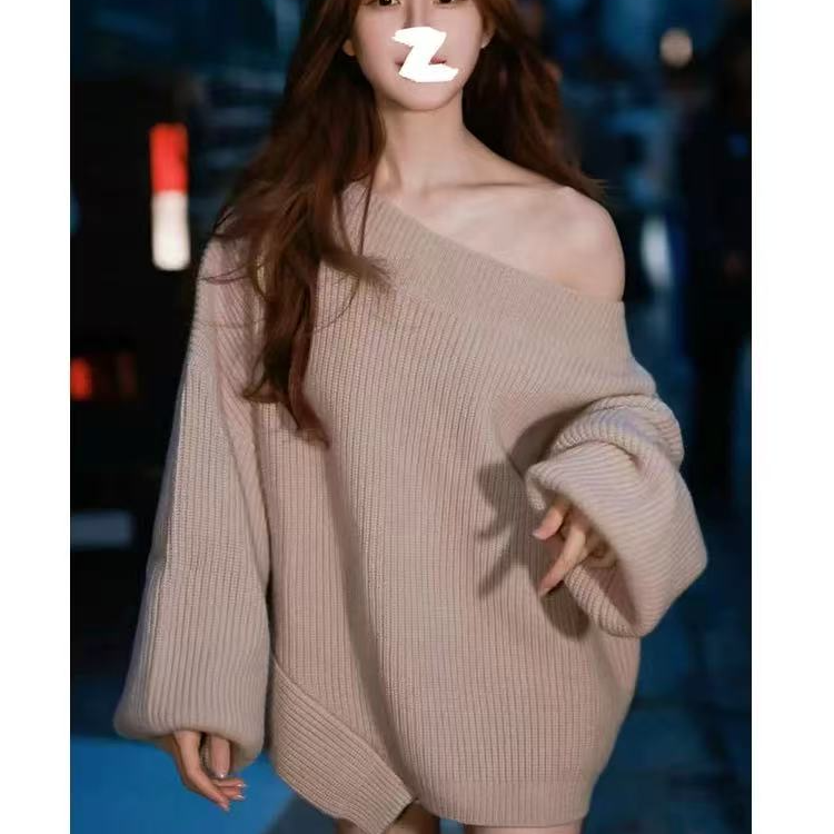 梦梦 MENGMENG｛秋季休闲慵懒百搭一字肩针织毛衣}