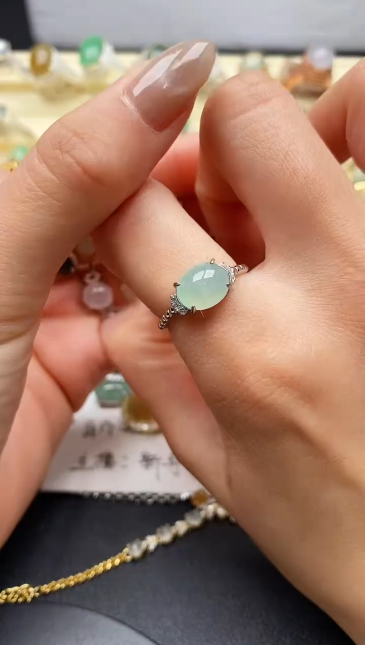 【闪购商品】翡翠戒指银S925镶嵌缅甸天然A货翡翠55  4-4