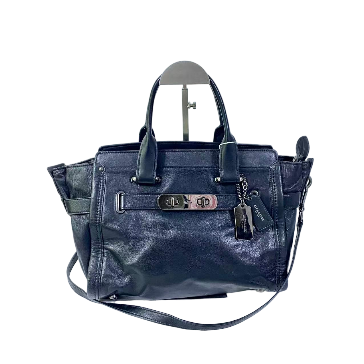 95新 COACH/蔻驰 黑色全皮swagger大号机车手提斜挎包 AF-11583-B