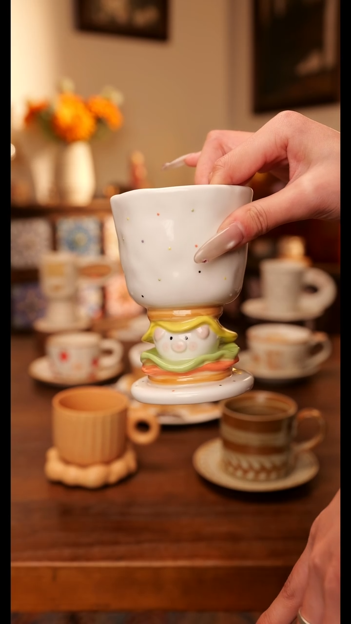 陶瓷便携款汉堡小猪杯  手绘釉下彩