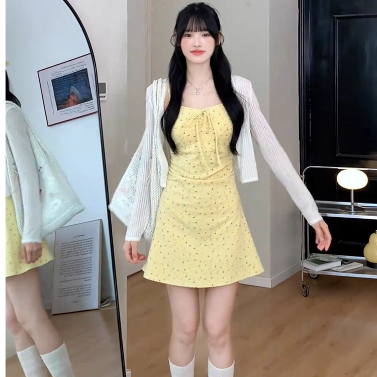 【现货+运补】法式温柔风黄色碎花吊带裙套装女秋冬收腰绝美2247