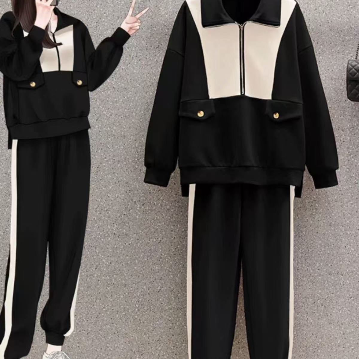 D25 122203 设计感休闲运动套装女宽松翻领卫衣长裤两件套