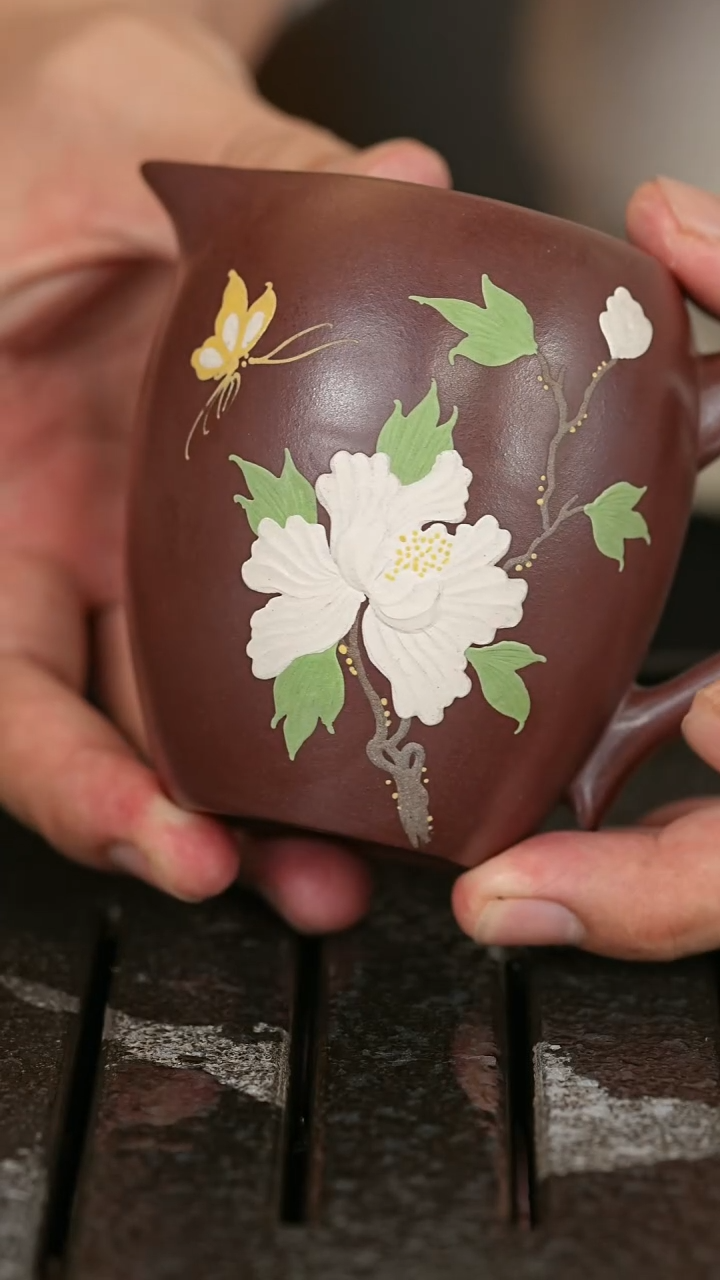 【闪购商品】紫砂茶杯23老紫泥公道杯玉兰花泥绘