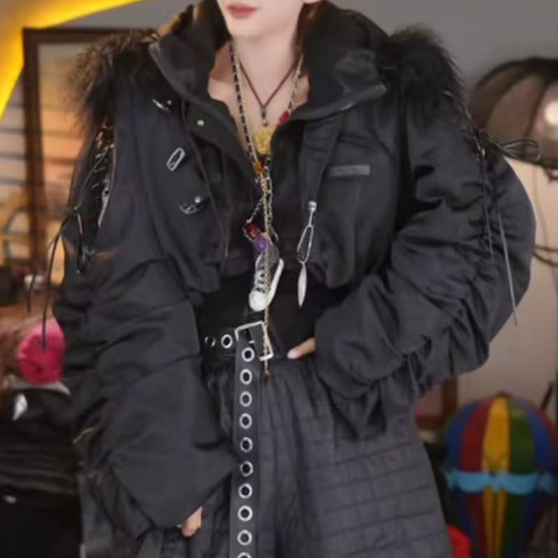 欧货潮版抽褶毛领棉衣