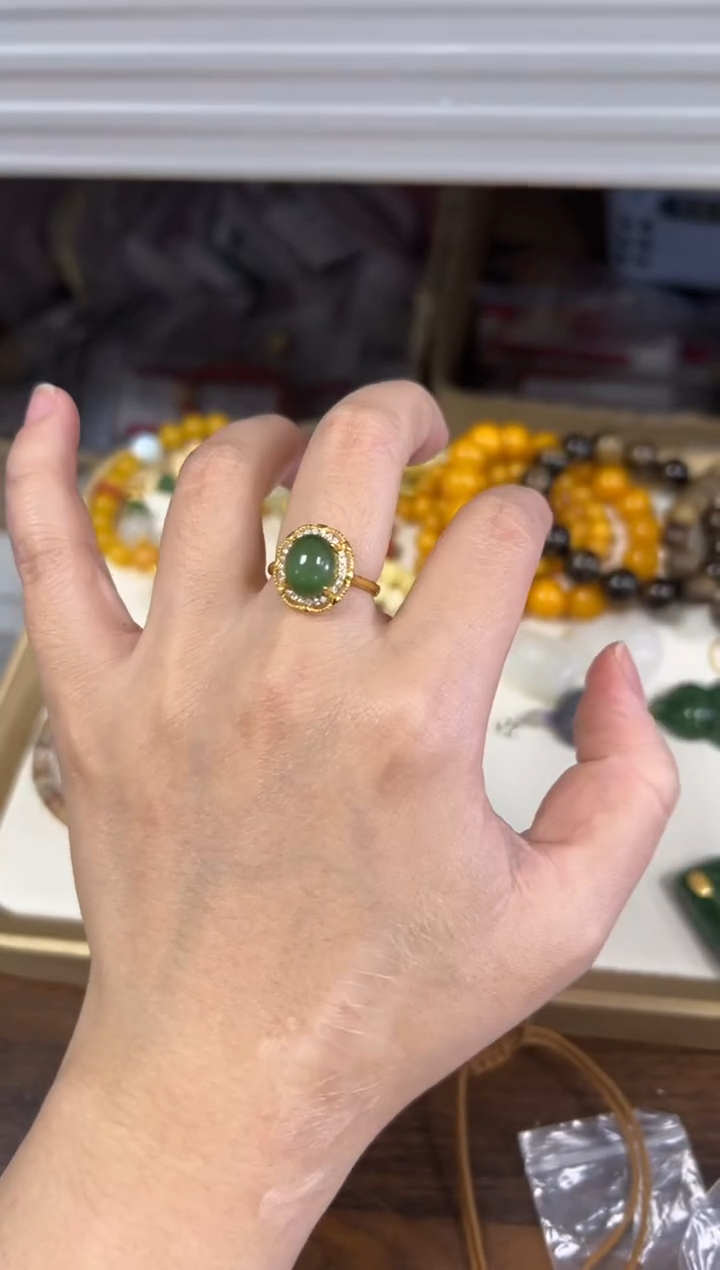 银S925镶嵌戒指和田玉孤品和田玉碧玉银镶嵌戒指[91]