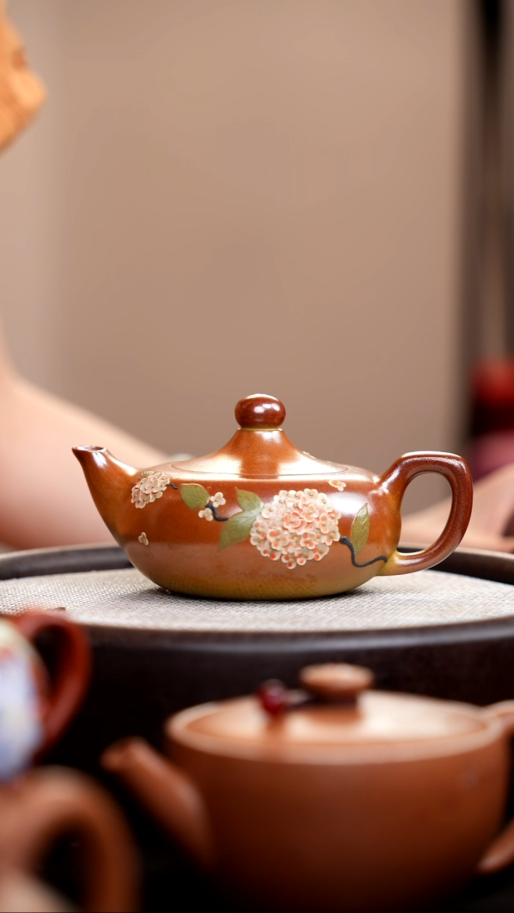 茶壶紫砂柴烧胭脂红曲壶泥绘花005