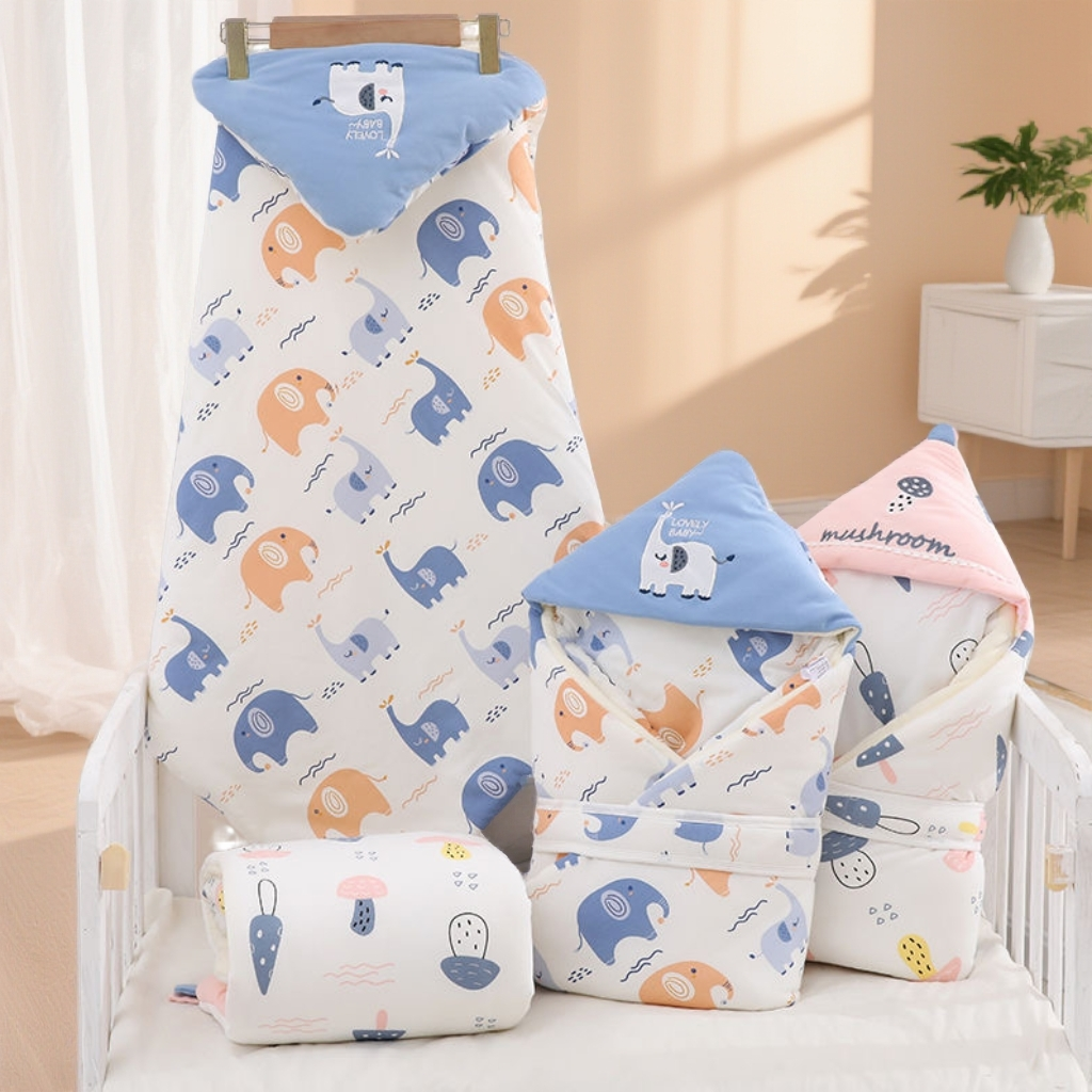 婴儿纯棉A类包被加厚带帽新生儿外出小象蘑菇包被防惊跳厚款加棉