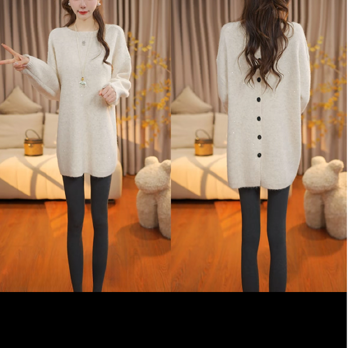 冬季新款慵懒风后排纽扣圆领毛衣简约时尚休闲中长款打底针织