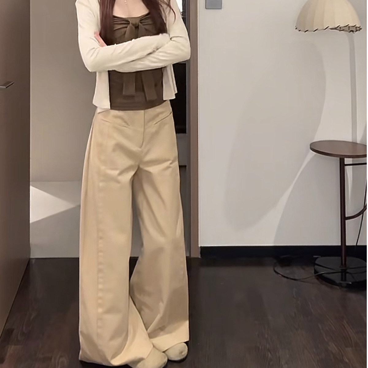 【3702】卡其高腰阔腿裤女美式慵懒休闲宽松百搭直筒拖地裤