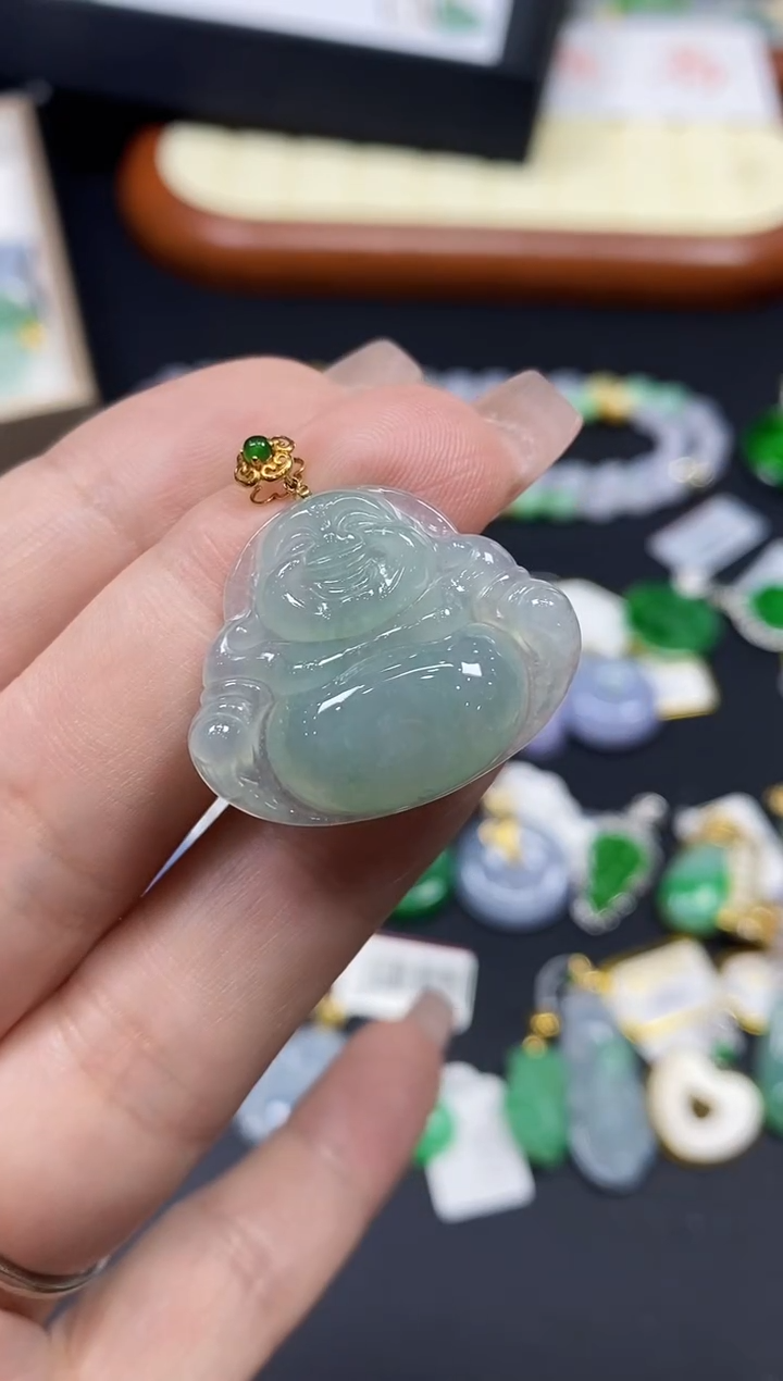 吊坠(不含链)18K金镶嵌翡翠佛公18K金扣镶嵌@@CMT