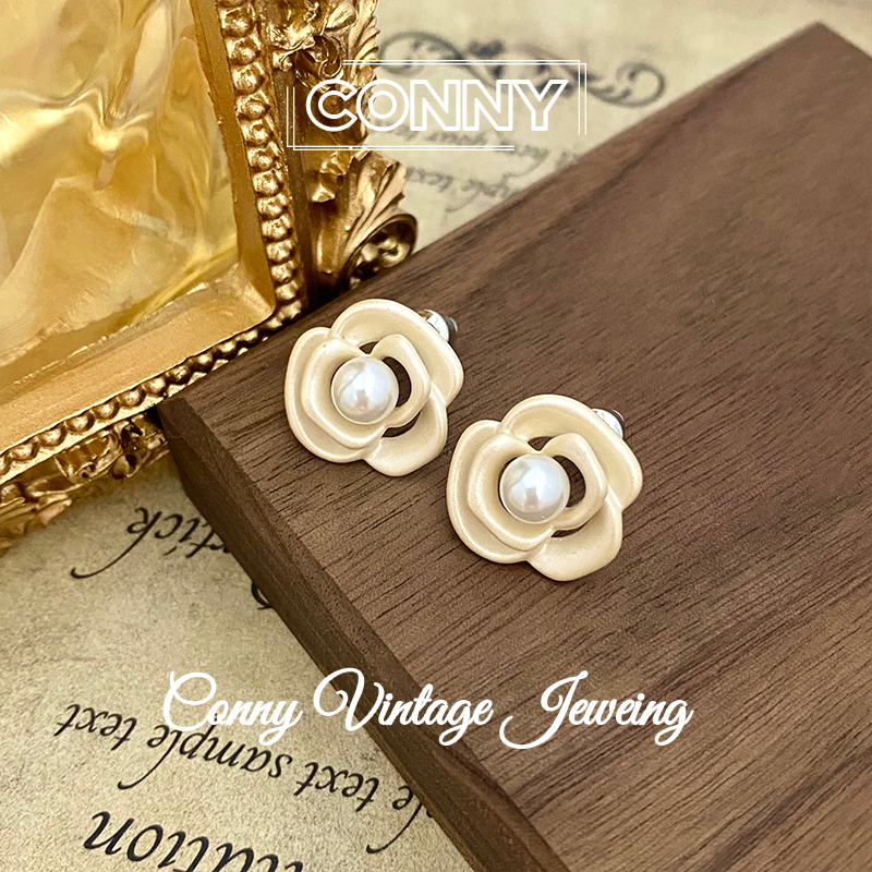 铜合金贝壳耳饰 KN0101 法 ·【粉色绽放】山茶花耳钉复古港风轻奢