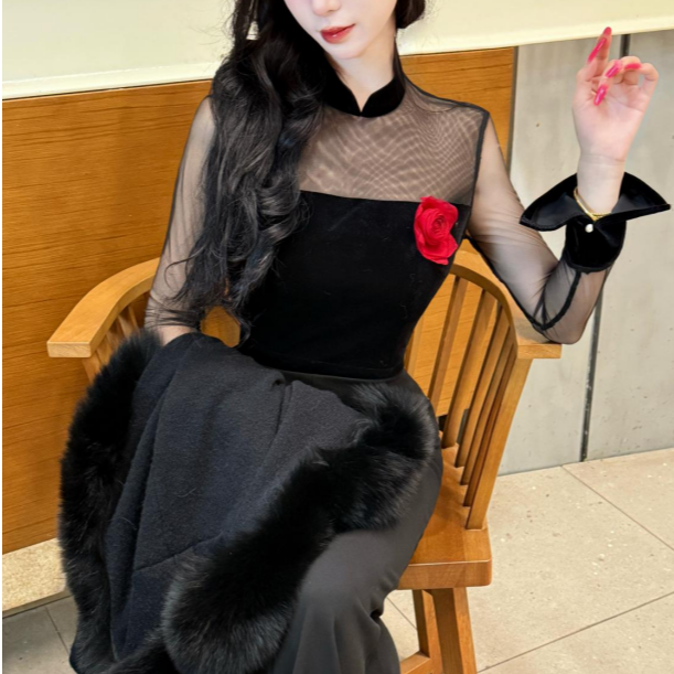 LHMknk1画报夫人原创中式丝绒拼接网纱大气纯欲旗袍丝绒拼接上衣