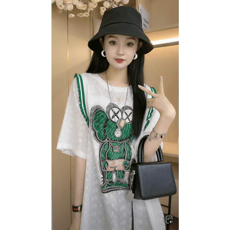 【2301-芝麻开门】2025夏季潮流新款休闲撞色镂空刺绣中长款T恤.