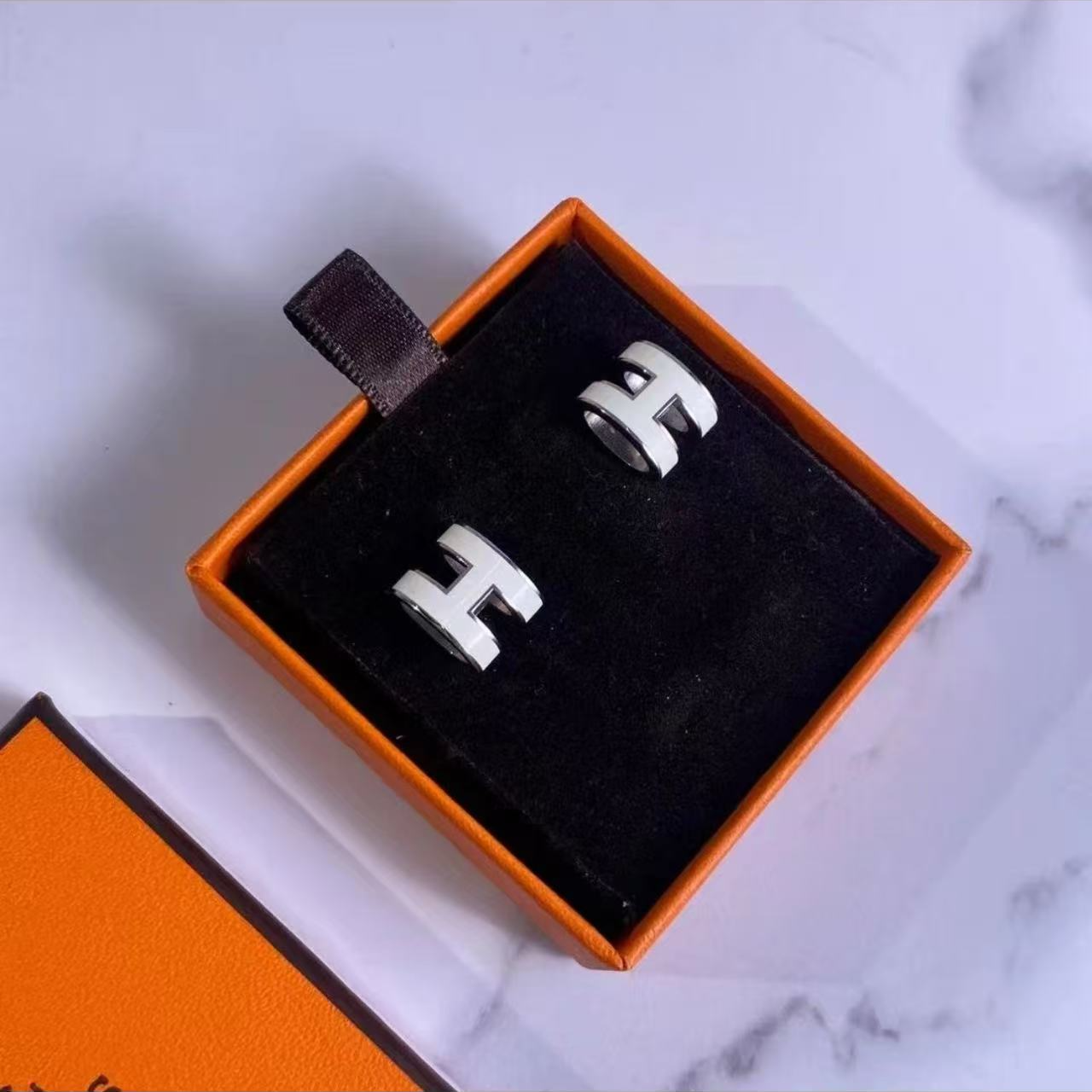 95新 Hermes/爱马仕 坤球奢选 爱马仕冰蓝色h耳钉