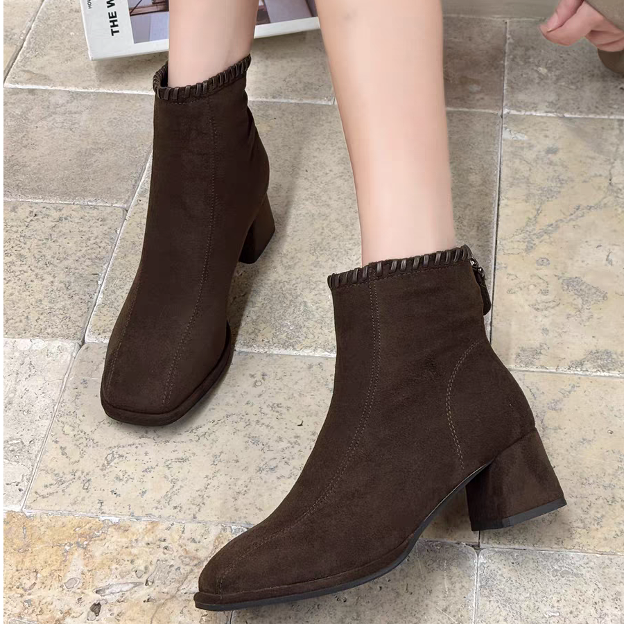 DW026【+运费补贴】法式方头气质瘦瘦靴女新款秋冬粗跟裸靴百搭短靴