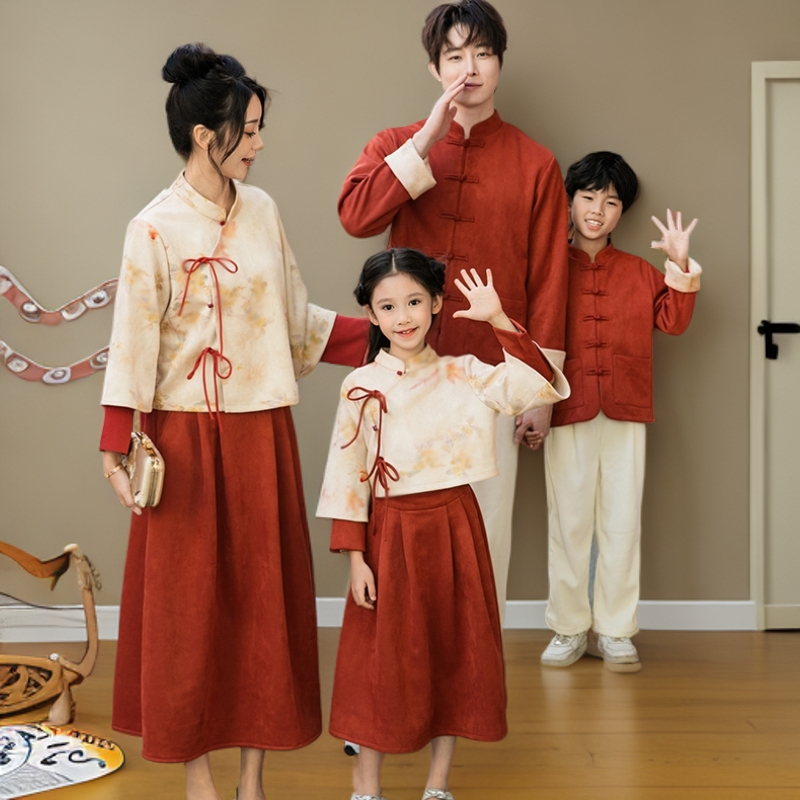 汉服亲子装中秋一家三口拍照服全家装秋季新款母女母子唐装新中式