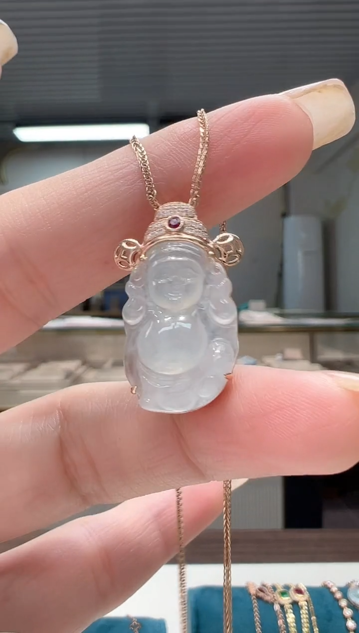 【闪购商品】翡翠吊坠(不含链)18K金镶嵌翡翠财神吊坠