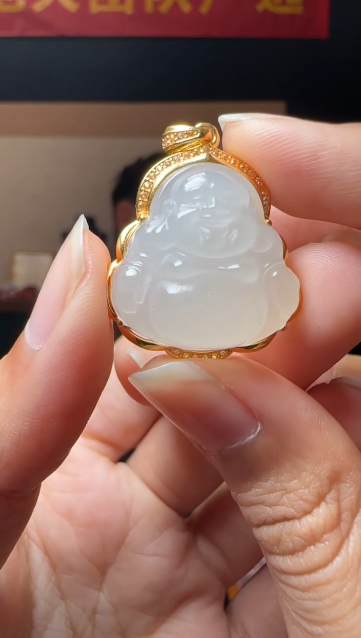 【闪购商品】和田玉吊坠(不含链)18K金镶嵌约22*22mm高品质白玉佛公