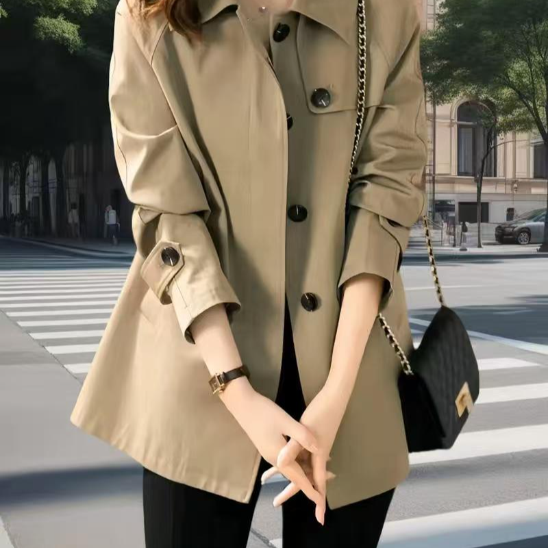 卡其色春秋气质休闲宽松型风衣短款极简风大衣中长款