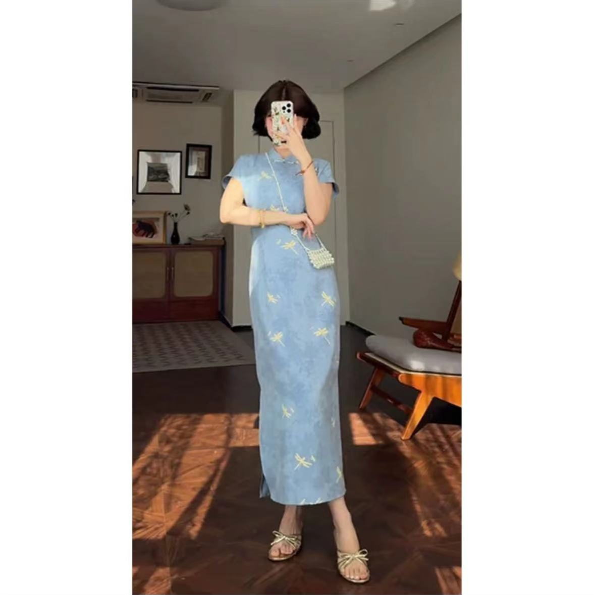 394-蓝色 连襟袖 蜻蜓 绝美 改良 旗袍