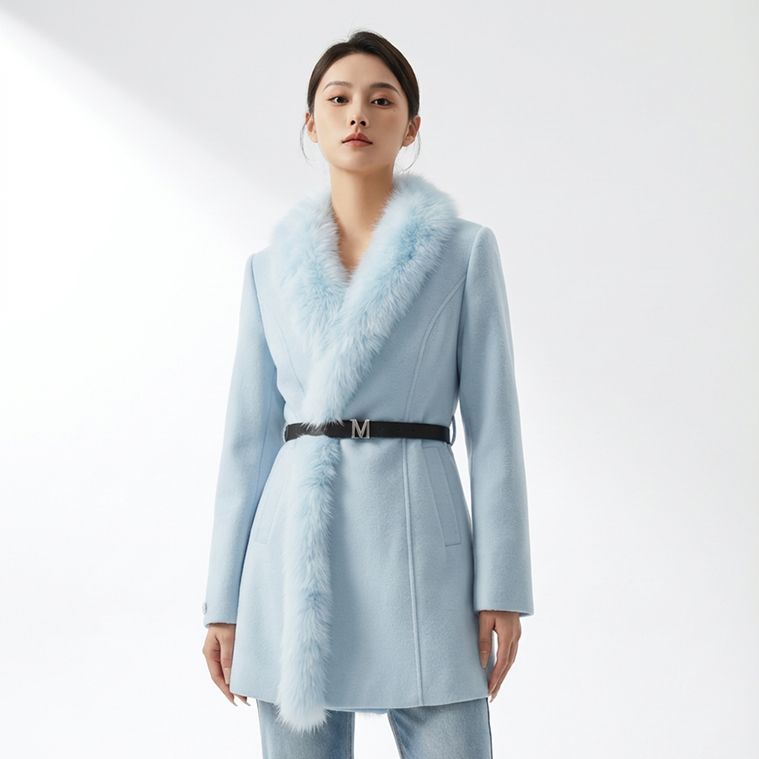 设计师款千金风V领狐狸毛领双面呢大衣SX35-8876-66