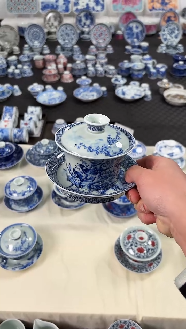 杯子瓷景德镇陶瓷茶具青花喜上眉梢马蹄盖碗