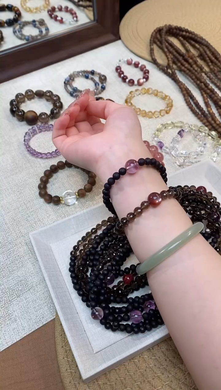 合金手链水晶《歌剧魅影》茶晶降真香粉锂紫晶设计双圈6-7多样发一