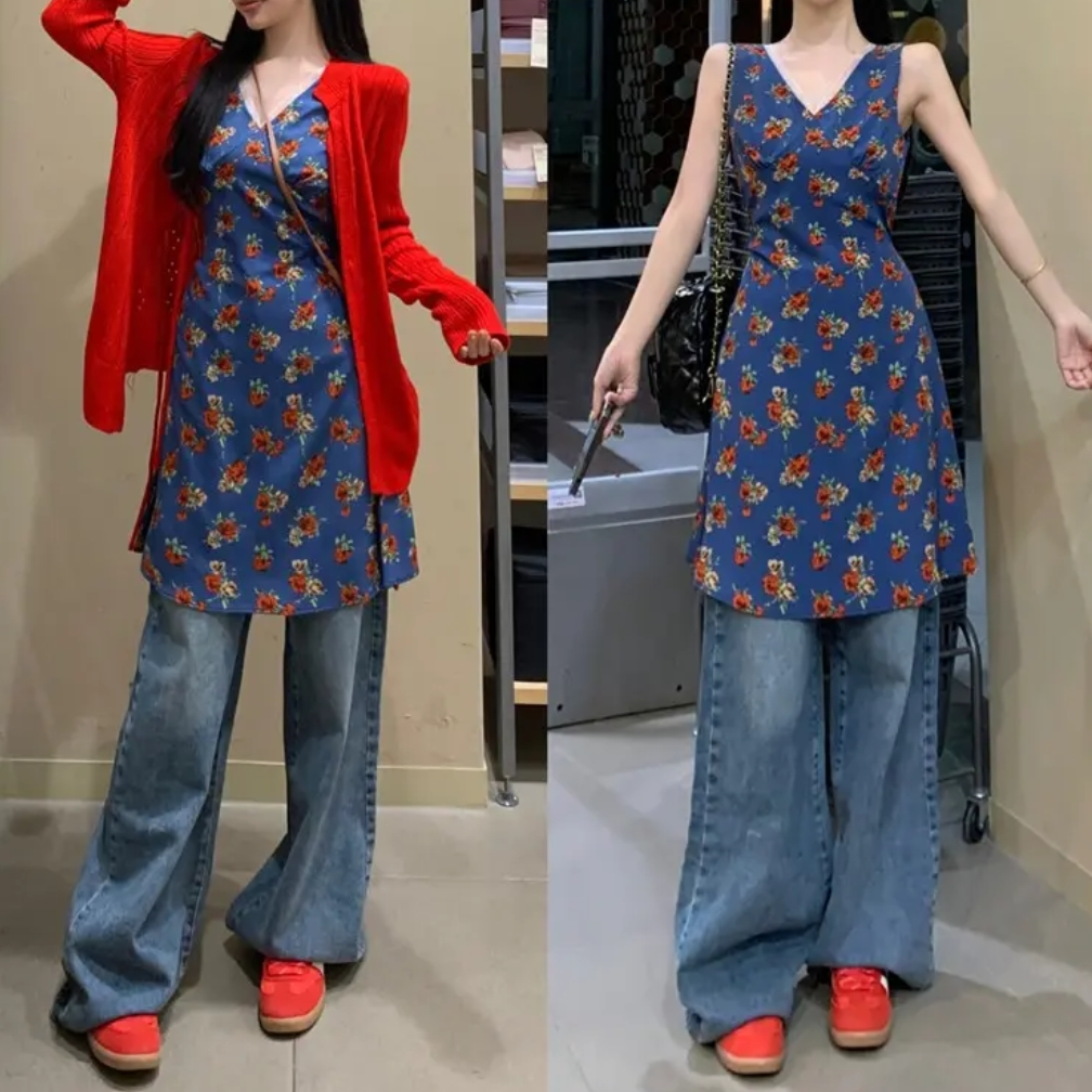 阳阳家法式复古小花吊带裙+开衫xjj#99157-99156-99060