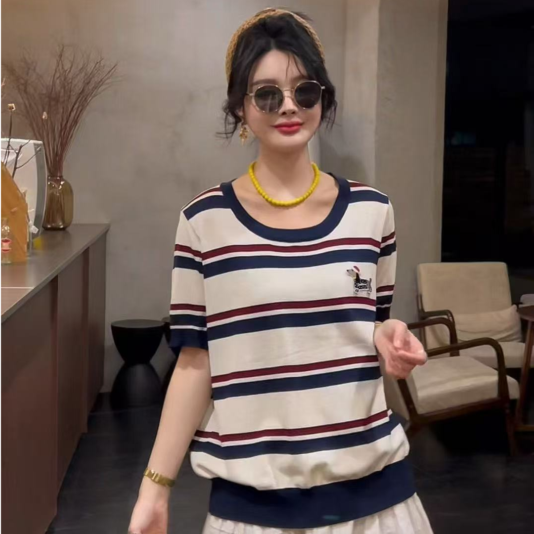 【胜华严选】2025新款刺绣极简百搭条纹短袖3077