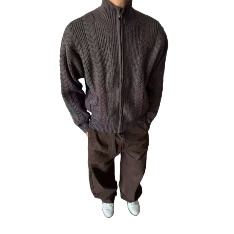 AUTICUP老钱风粗针麻花开衫半高领重磅保暖毛衣外套秋冬加厚夹克