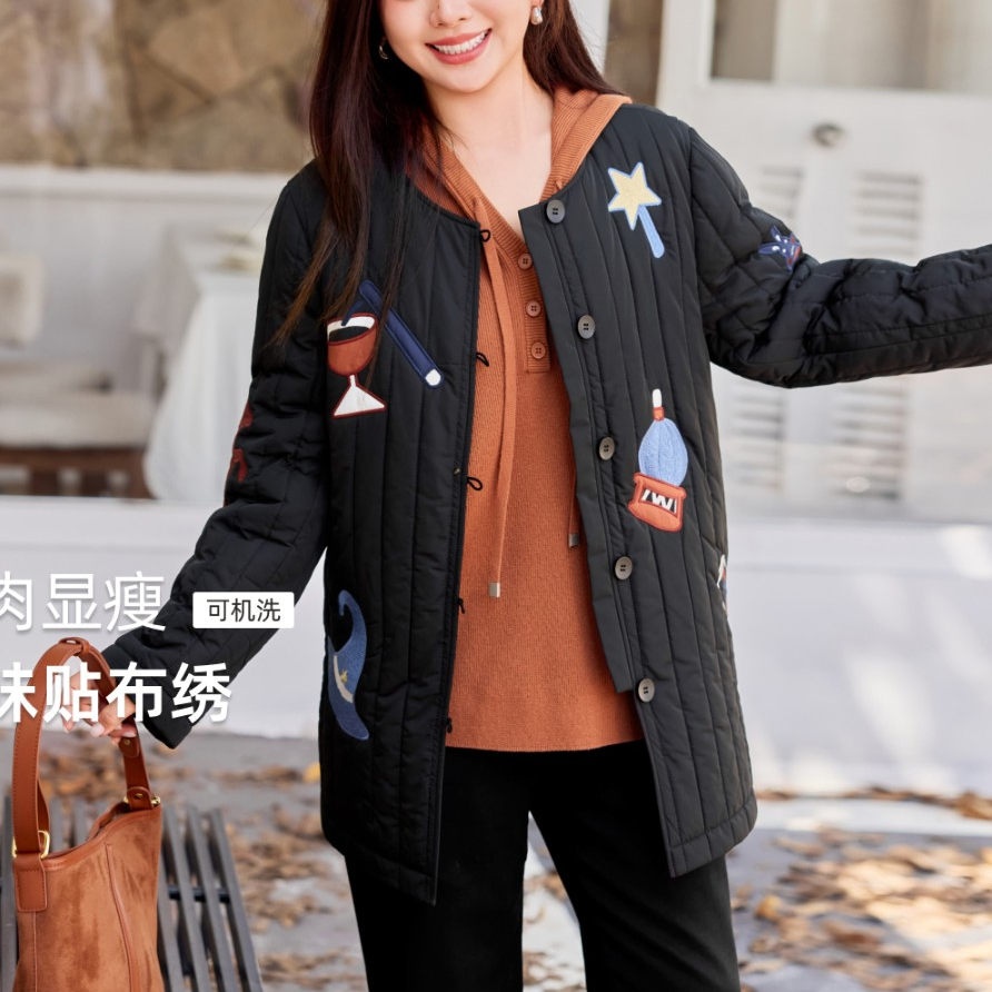 【贴布绣条纹棉服】MsShe大码女装2025新款秋冬宽松外套D~Q2510049